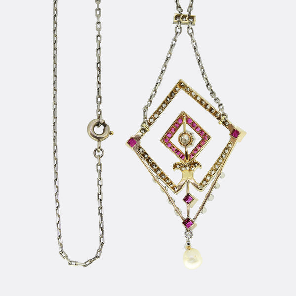 Edwardian Ruby and Diamond Pendant Necklace