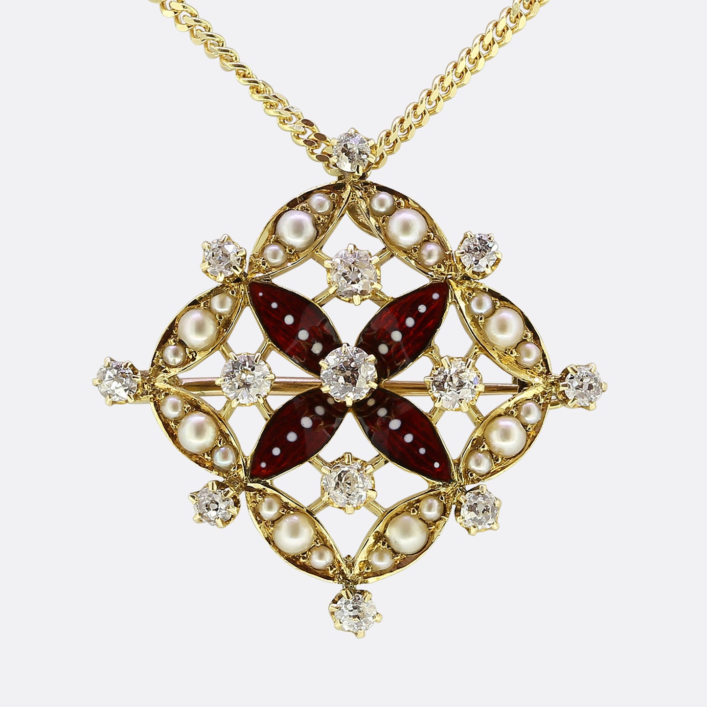 Victorian Enamel Diamond and Pearl Flower Necklace