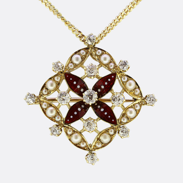 Victorian Enamel Diamond and Pearl Flower Necklace