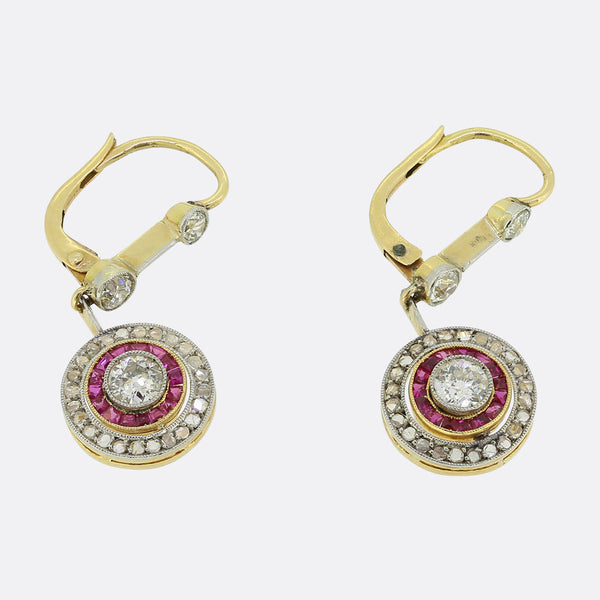 Art Deco Ruby and Diamond Target Drop Earrings