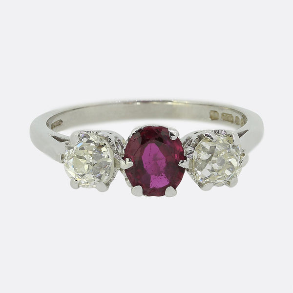 Vintage Ruby and Diamond Three-Stone Ring