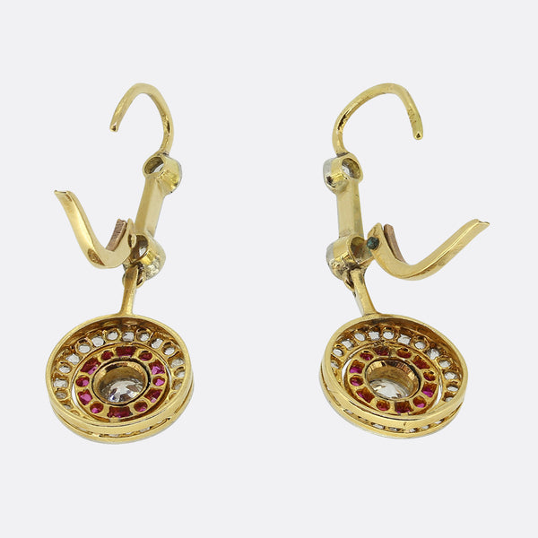 Art Deco Ruby and Diamond Target Drop Earrings