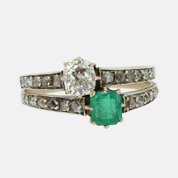 Antique French Emerald and Diamond Two Row Ring