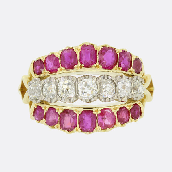 Burmese Ruby and Diamond Three Row Band Ring