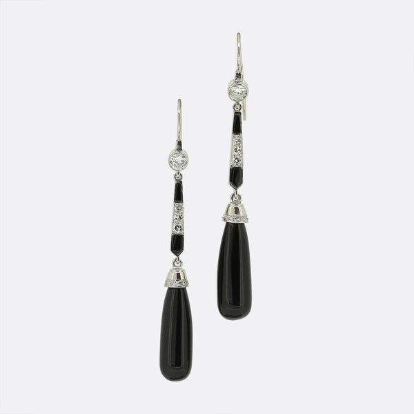 Art Deco Style Onyx and Diamond Drop Earrings
