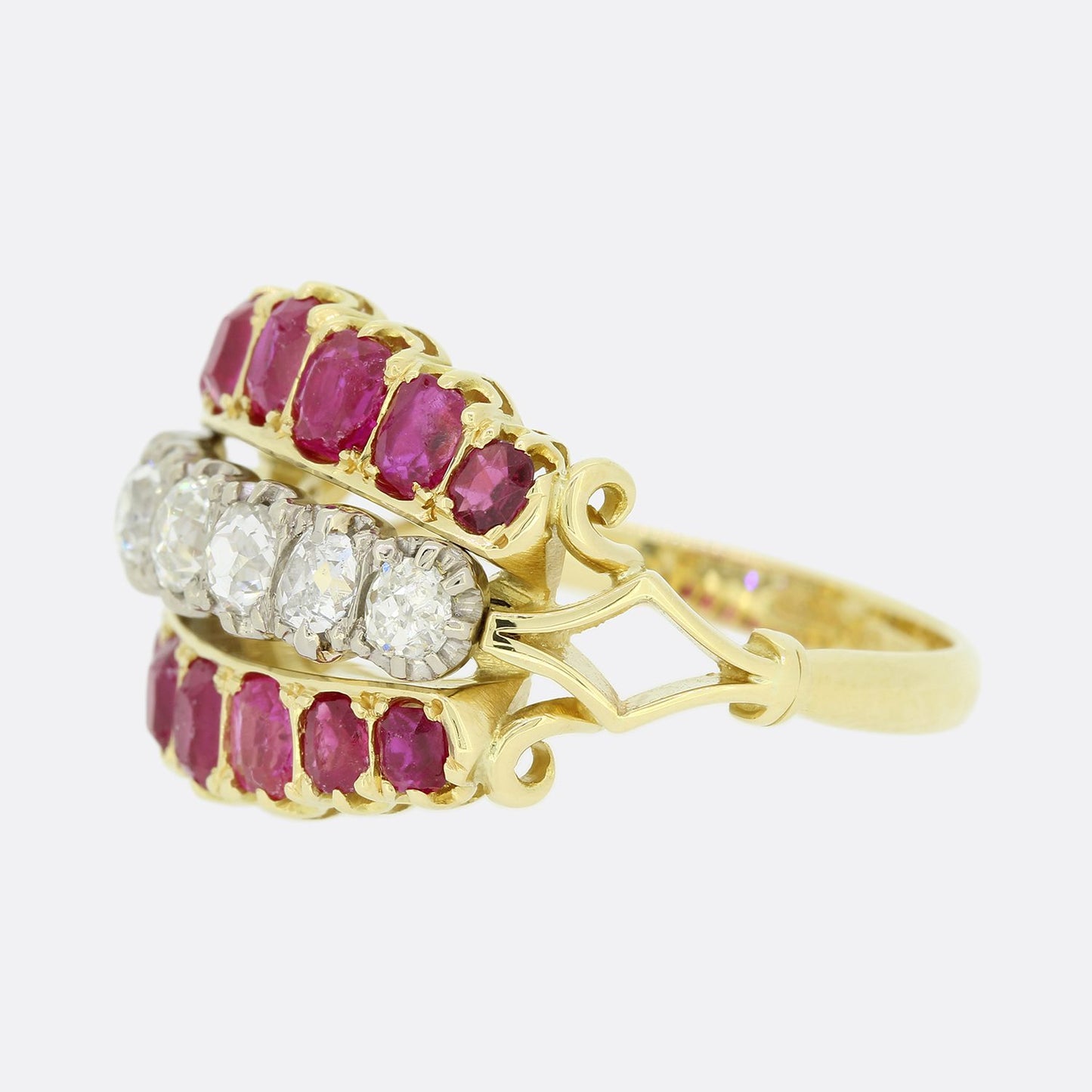 Burmese Ruby and Diamond Three Row Band Ring