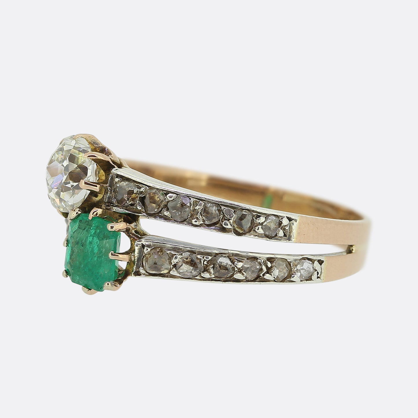 Antique French Emerald and Diamond Two Row Ring