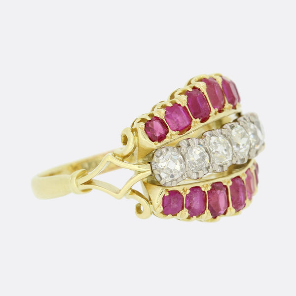Burmese Ruby and Diamond Three Row Band Ring