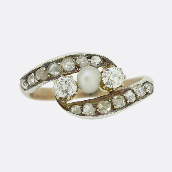 Three Stone Pearl and Diamond Crossover Ring