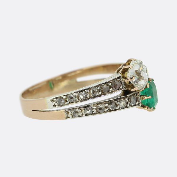 Antique French Emerald and Diamond Two Row Ring