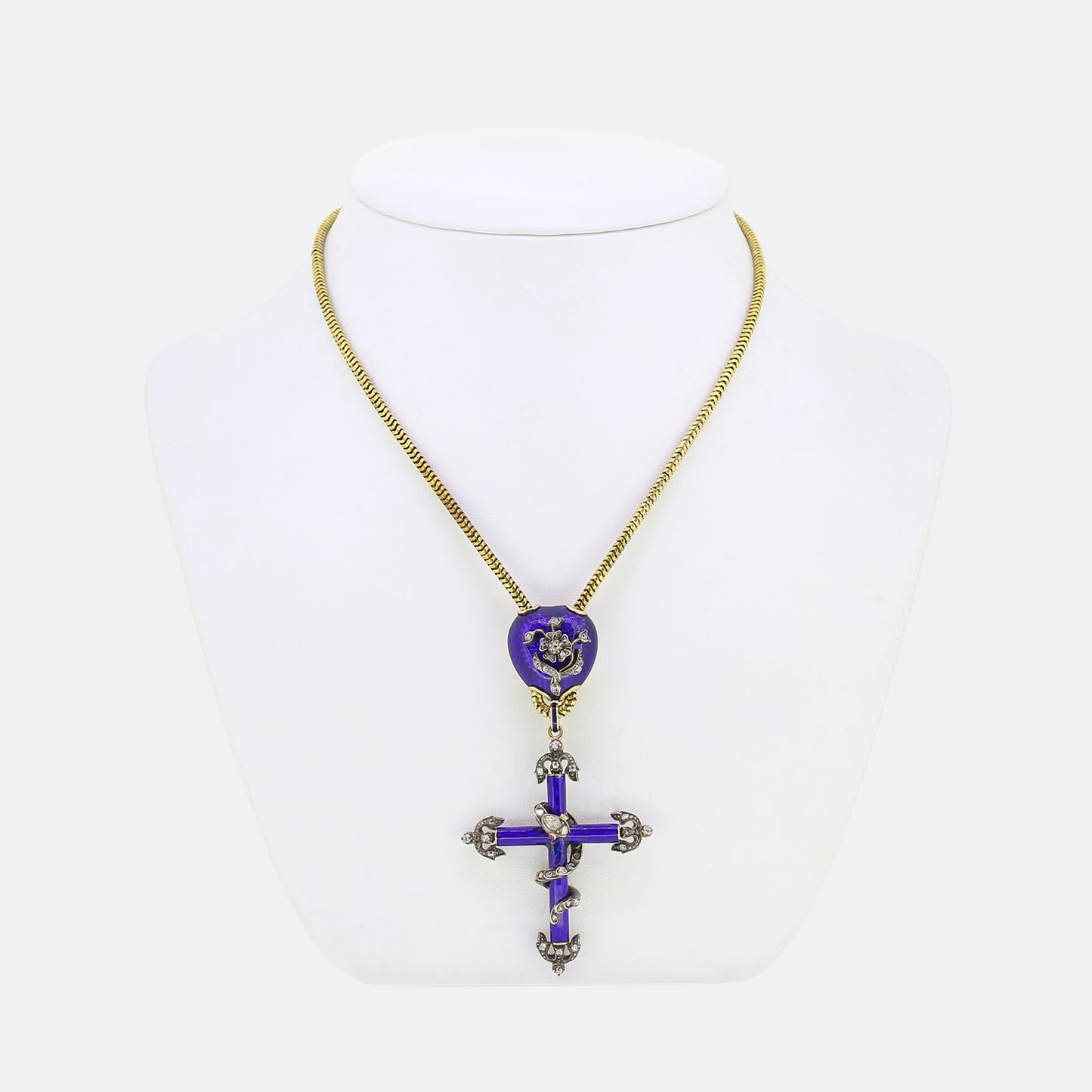 Victorian Diamond and Enamel Snake Cross Pendant Necklace