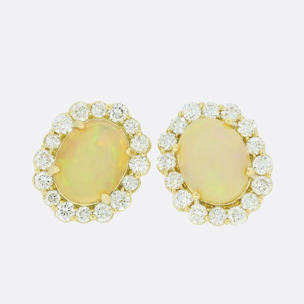 Opal and Diamond Cluster Stud Earrings