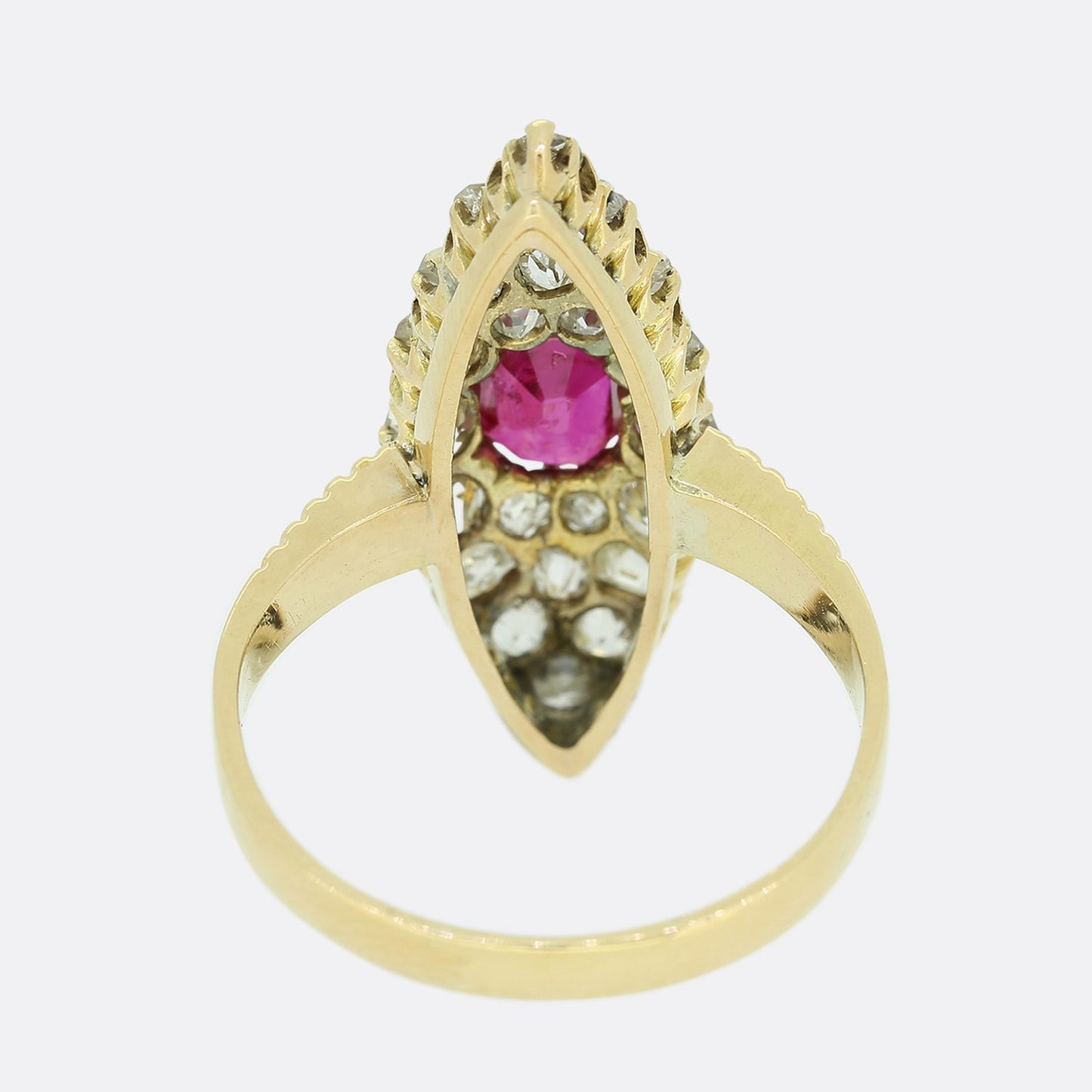 Edwardian 0.65 Carat Unheated Burmese Ruby and Diamond Navette Ring