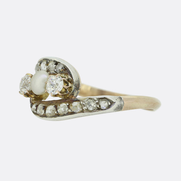Three Stone Pearl and Diamond Crossover Ring