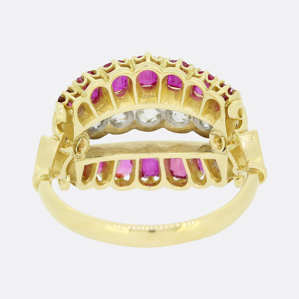Burmese Ruby and Diamond Three Row Band Ring