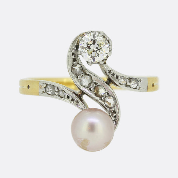 Two-Stone Pearl and Diamond Crossover Ring