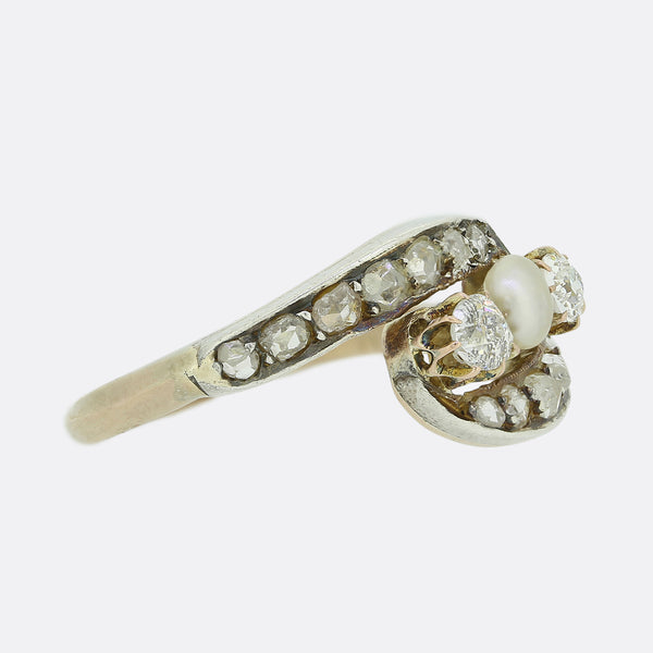Three Stone Pearl and Diamond Crossover Ring