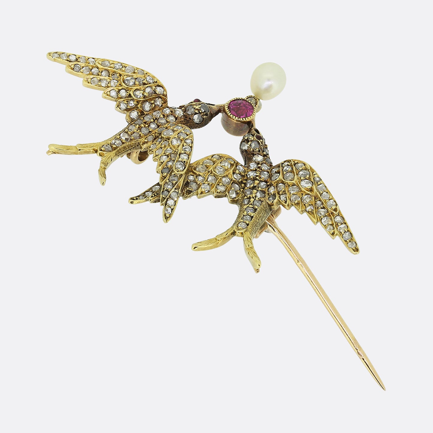 Antique Pearl Ruby and Diamond Double Bird Brooch
