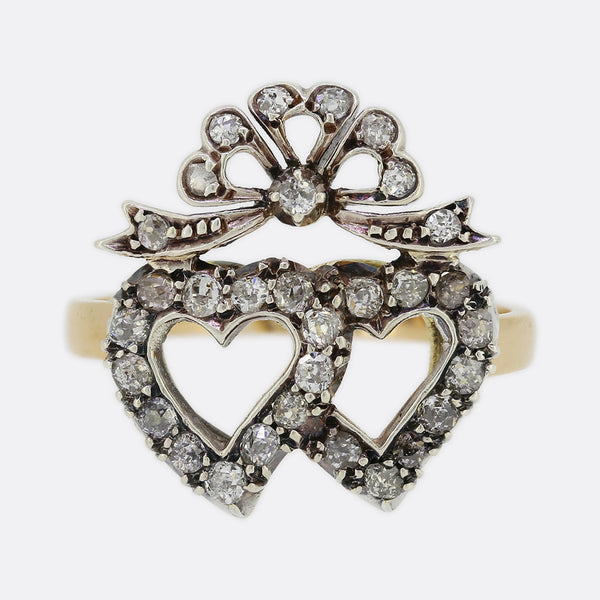 Victorian Old Cut Diamond Double Heart Ring
