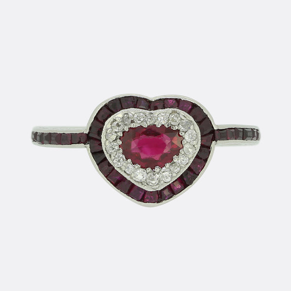 Art Deco Ruby and Diamond Heart Ring