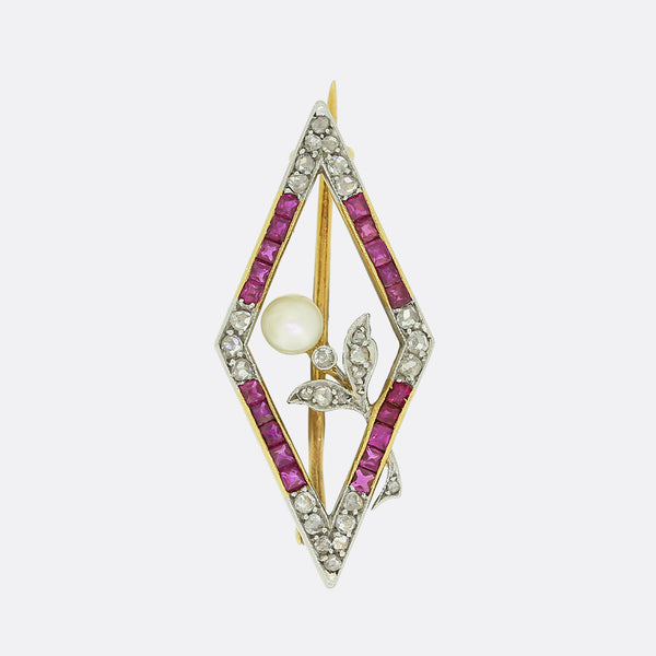 Edwardian Ruby Diamond and Pearl Lozenge Brooch