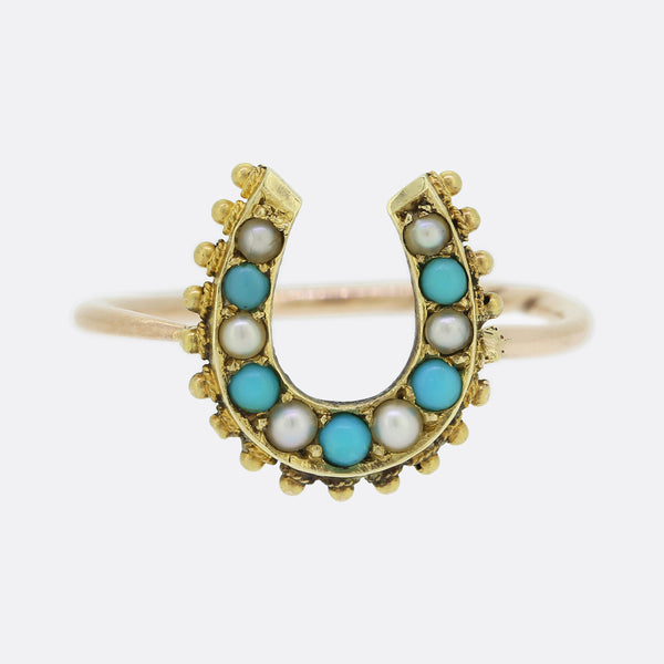 Victorian Turquoise and Pearl Horseshoe Ring