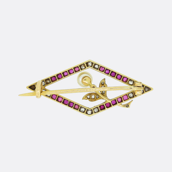 Edwardian Ruby Diamond and Pearl Lozenge Brooch