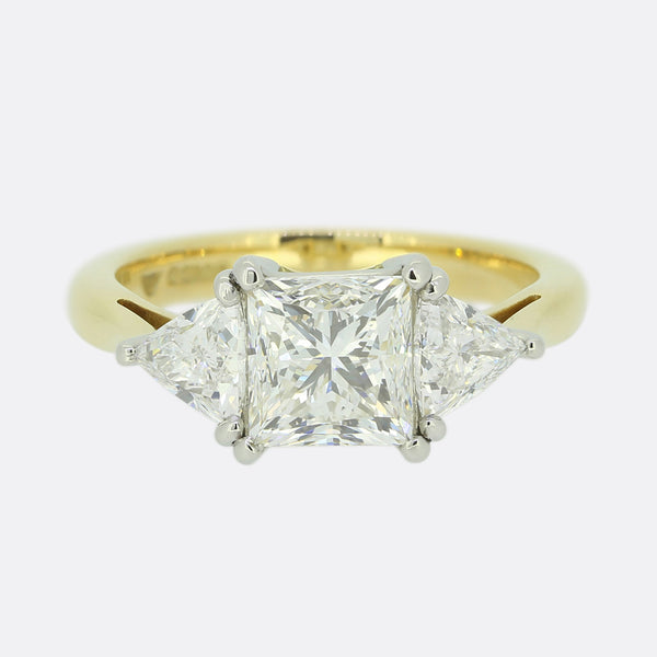 2.40 Carat Princess and Trillion Cut Diamond Three Stone Ring