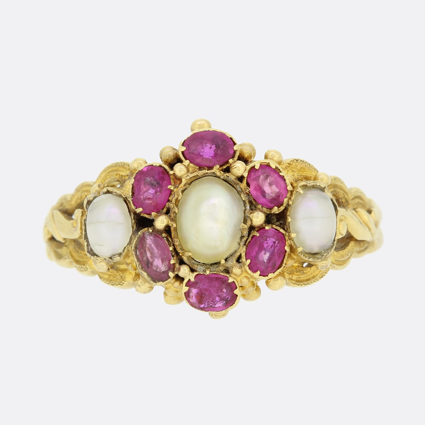Victorian Burmese Ruby and Pearl Cluster Ring