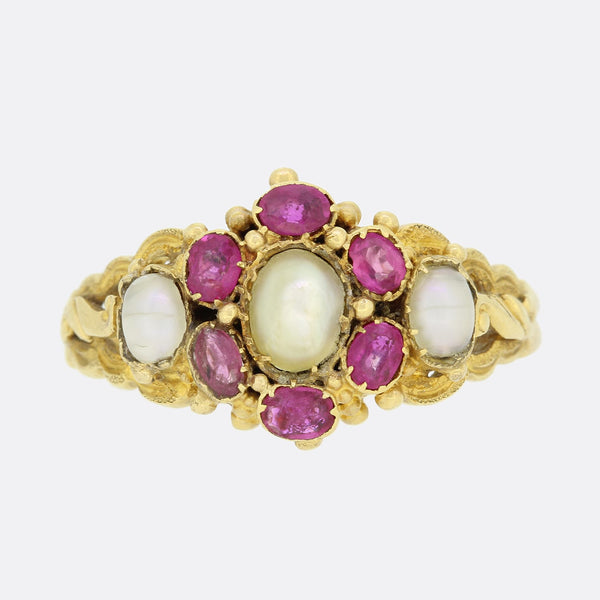 Victorian Burmese Ruby and Pearl Cluster Ring