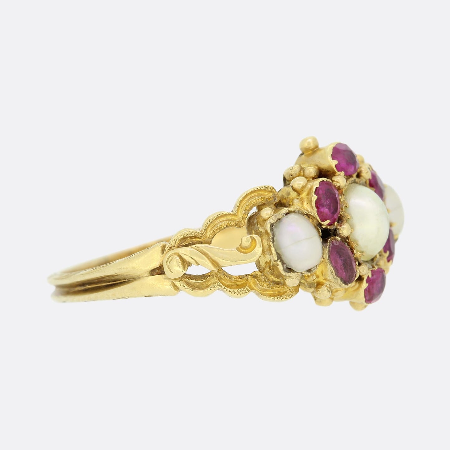 Victorian Burmese Ruby and Pearl Cluster Ring
