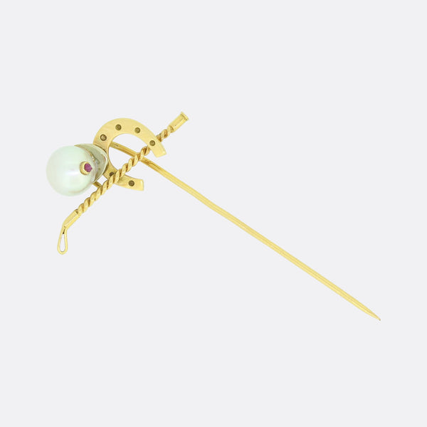 Natural Pearl and Ruby Jocket Hat Stick Pin