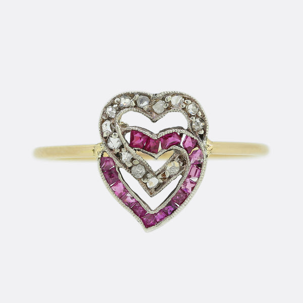 Victorian Diamond and Ruby Double Heart Ring