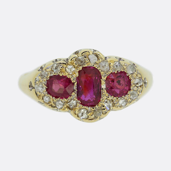 Early 20th Century Burmese Ruby Three-Stone and Diamond Ring