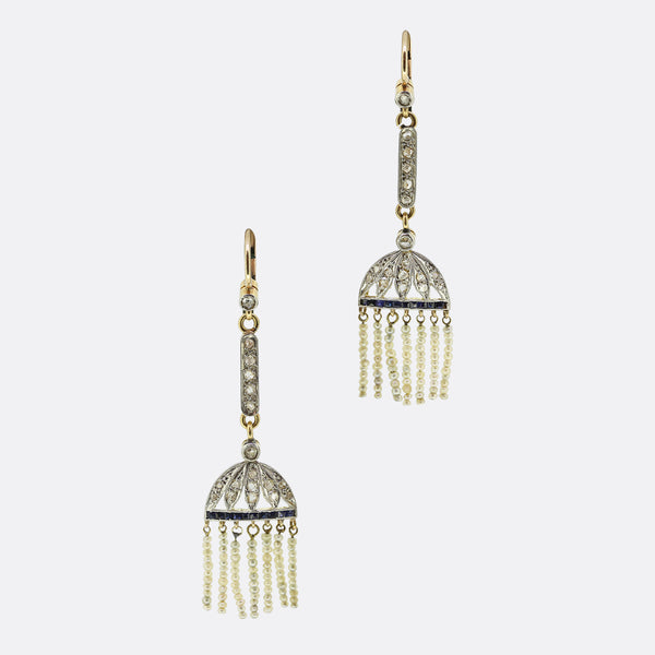 Art Deco Pearl, Diamond and Sapphire Tassel Drop Earrings
