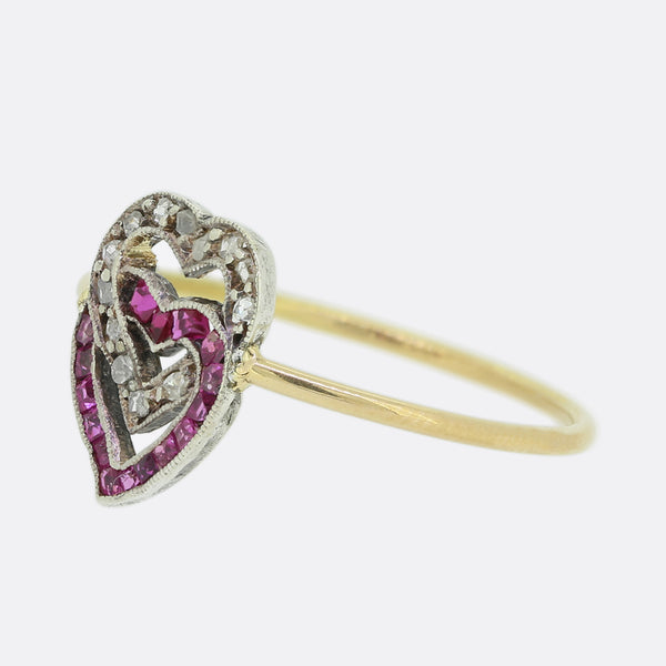 Victorian Diamond and Ruby Double Heart Ring
