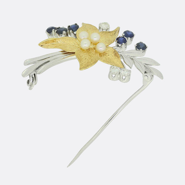 Cropp & Farr Sapphire, Pearl and Diamond Floral Brooch