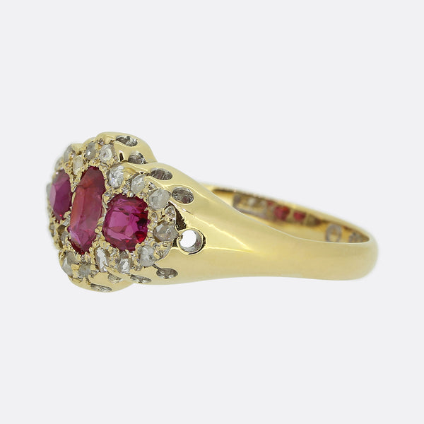 Early 20th Century Burmese Ruby Three-Stone and Diamond Ring