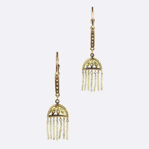 Art Deco Pearl, Diamond and Sapphire Tassel Drop Earrings