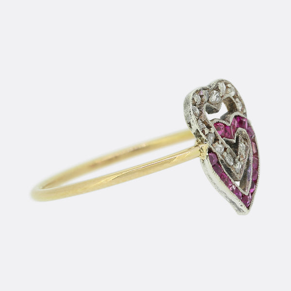 Victorian Diamond and Ruby Double Heart Ring
