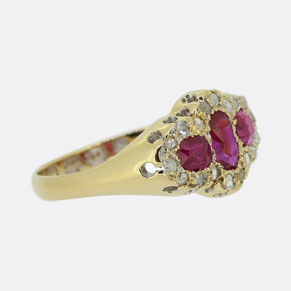Early 20th Century Burmese Ruby Three-Stone and Diamond Ring