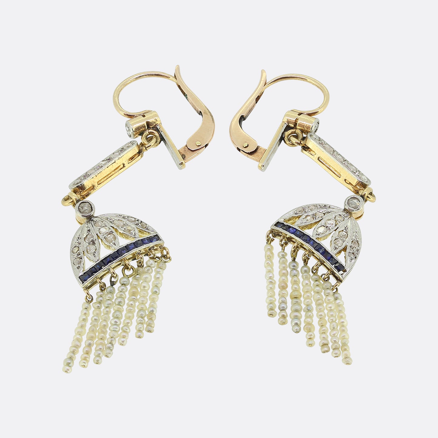 Art Deco Pearl, Diamond and Sapphire Tassel Drop Earrings