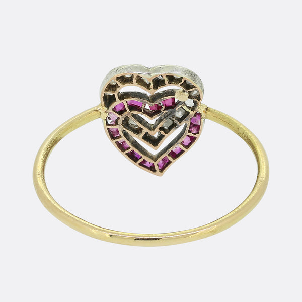 Victorian Diamond and Ruby Double Heart Ring