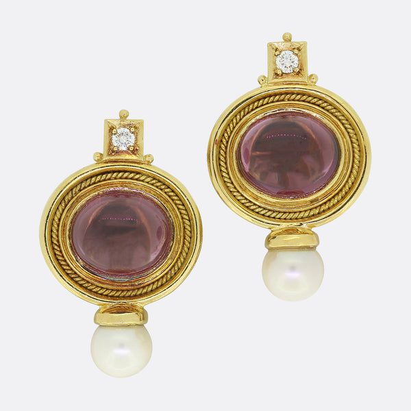 Elizabeth Gage Pink Rubellite Diamond and Pearl Valois Earrings