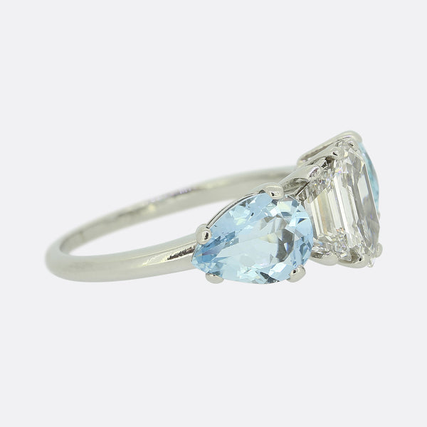 Fancy Cut Diamond and Aquamarine Five-Stone Ring