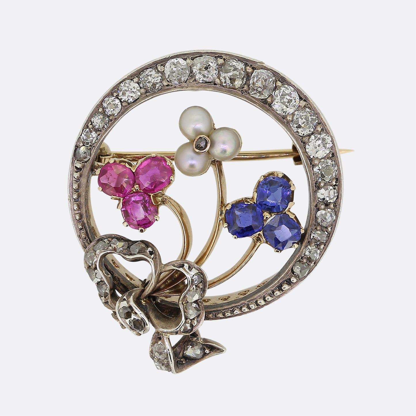 Victorian Diamond Ruby Sapphire and Pearl Crescent Brooch