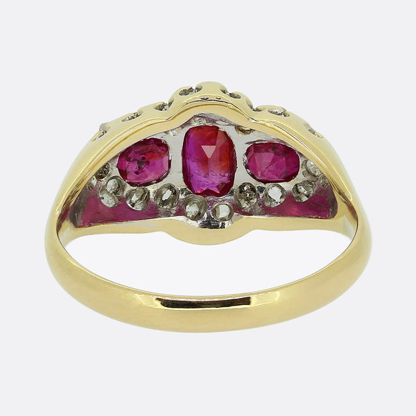 Early 20th Century Burmese Ruby Three-Stone and Diamond Ring