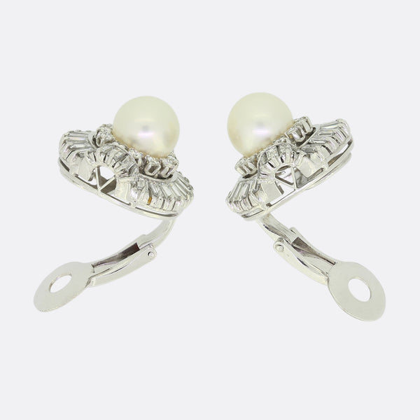 Mid Century Cultured Pearl and Diamond Earrings