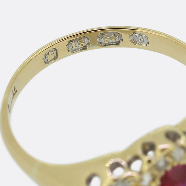 Early 20th Century Burmese Ruby Three-Stone and Diamond Ring