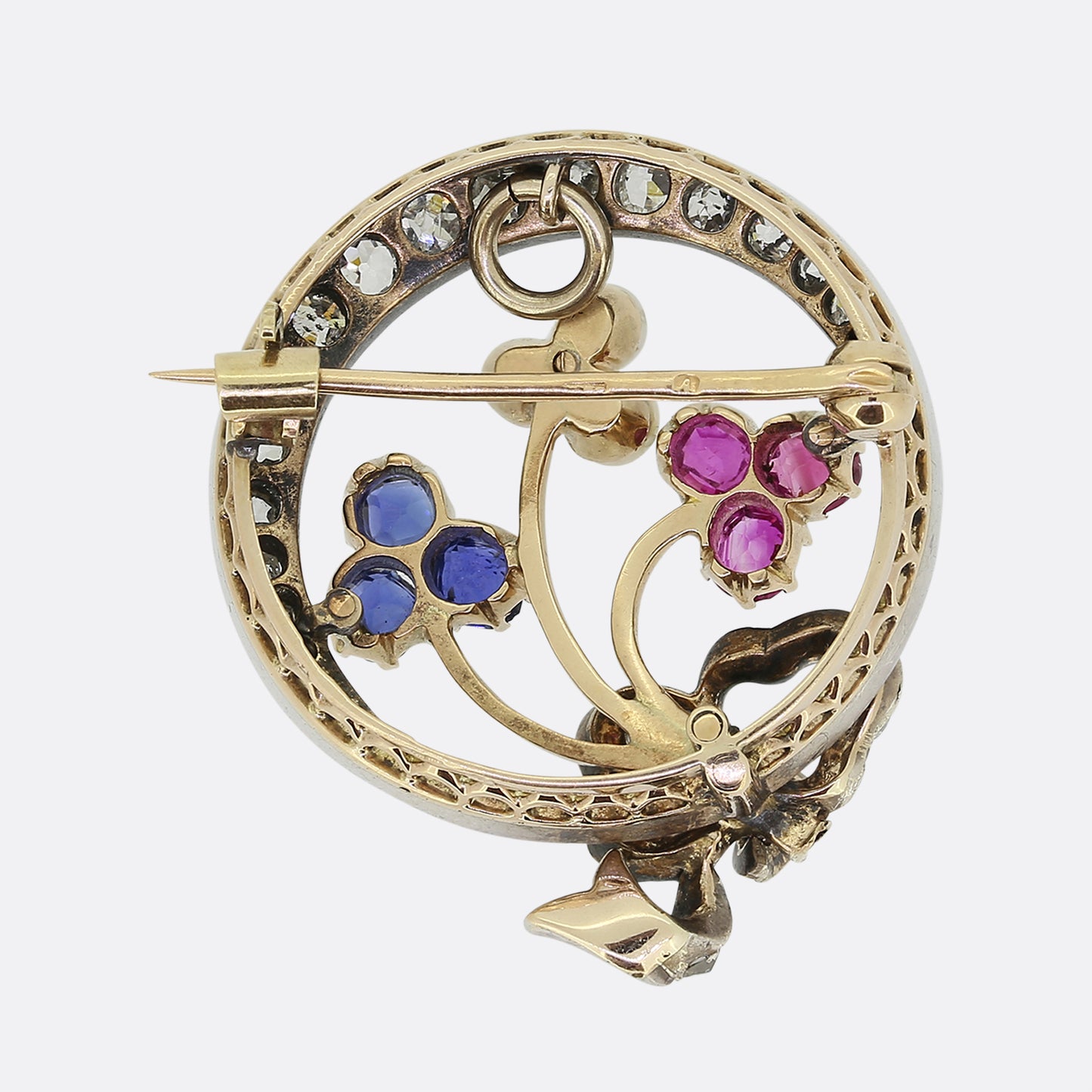 Victorian Diamond Ruby Sapphire and Pearl Crescent Brooch